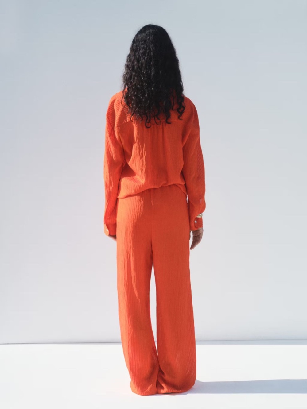 MANGO Crinkled Effect Orange Red Button Down Shirt + Wide Leg Pants (2 pc set) - Picture 11 of 12